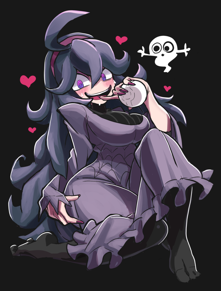 1girl @_@ ahoge al_bhed_eyes bags_under_eyes black_background blush breasts dress gashi-gashi ghost hairband heart hex_maniac_(pokemon) large_breasts long_hair looking_at_viewer messy_hair nail_polish no_shoes npc open_mouth pantyhose poke_ball pokemon pokemon_(game) pokemon_xy purple_hair simple_background smile solo sweat sweater violet_eyes