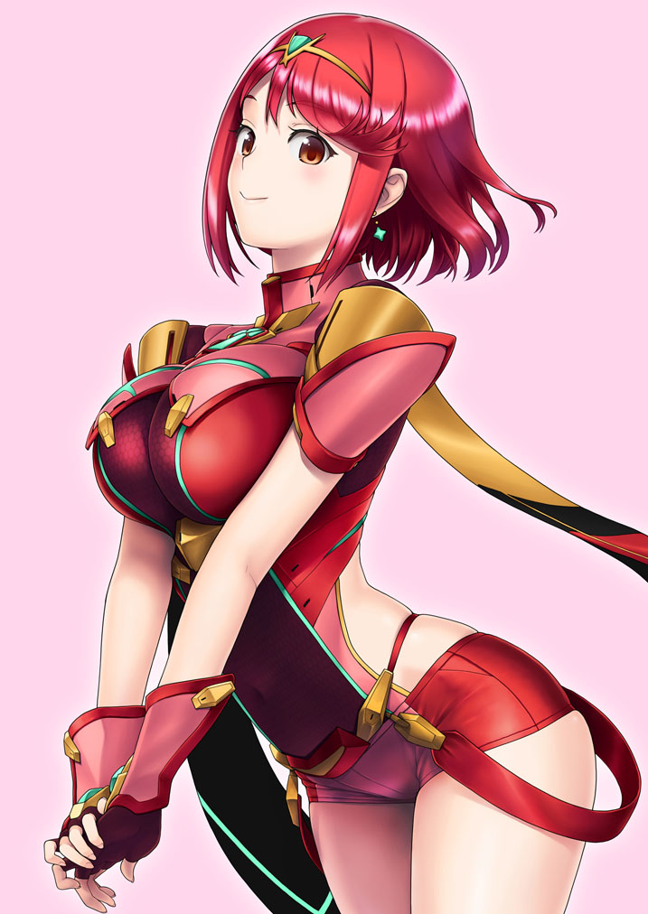 1girl arched_back arm_guards blush breasts brown_eyes closed_mouth covered_navel cowboy_shot earrings fingerless_gloves gloves hairband pyra_(xenoblade) impossible_clothes jewelry large_breasts leaning_forward looking_at_viewer midriff own_hands_together pink_background red_eyes red_gloves red_shorts shiny shiny_hair short_hair short_shorts short_sleeves shorts sidelocks simple_background skindentation smile solo standing tanaka_shoutarou tareme thighs xenoblade_2
