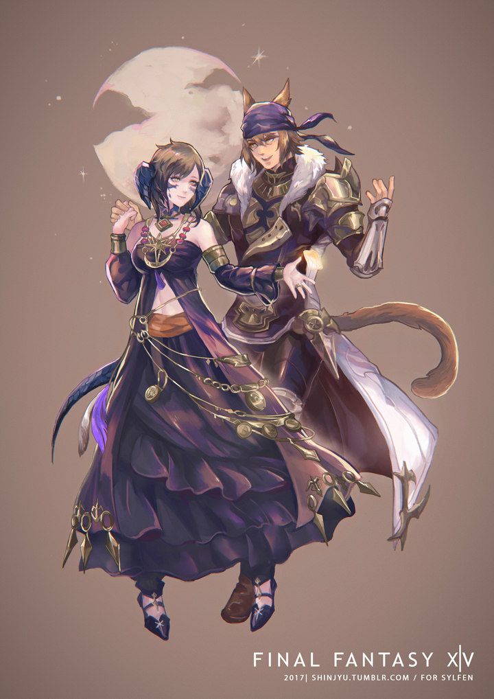 1boy 1girl animal_ears armor astrologian_(final_fantasy) au_ra bare_shoulders brown_eyes brown_hair cat_ears cat_tail dated detached_sleeves dragon_horns dragon_tail dress final_fantasy final_fantasy_xiv full_body full_moon horns jewelry looking_at_another miqo'te moon necklace preyanan_suwanpramote scales short_hair simple_background standing tail warrior_(final_fantasy) watermark web_address