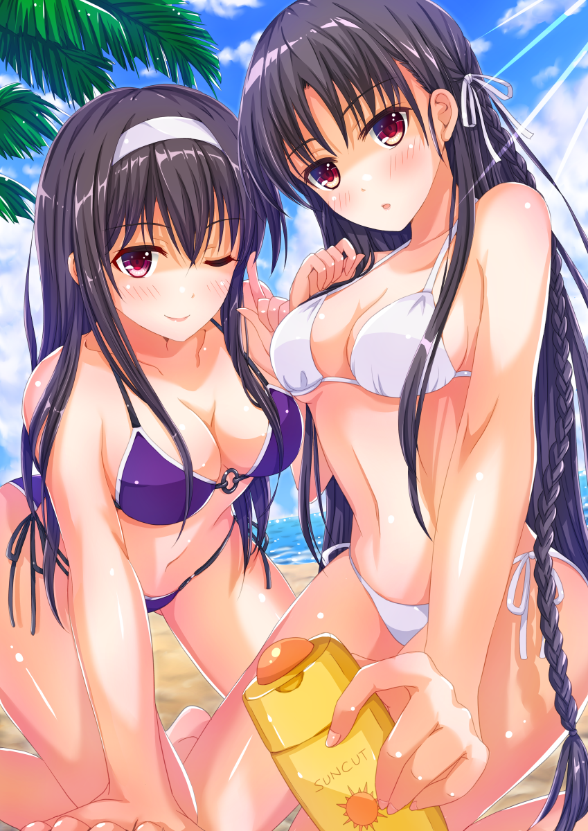 2girls all_fours bikini black_hair blush braid breasts cleavage diffraction_spikes hairband highres horikita_suzune hoshimaemi kasumigaoka_utaha kneeling long_hair looking_at_viewer lotion medium_breasts multiple_girls navel one_eye_closed purple_bikini red_eyes saenai_heroine_no_sodatekata smile sunscreen swimsuit white_bikini youkoso_jitsuryoku_shijou_shugi_no_kyoushitsu_e