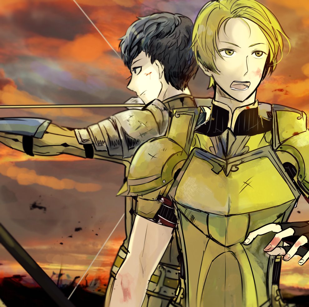 2boys armor arrow blue_hair bow_(weapon) breastplate drawing_bow fire_emblem fire_emblem_echoes:_mou_hitori_no_eiyuuou fire_emblem_gaiden force_(fire_emblem) green_hair holding holding_weapon multiple_boys paison pauldrons weapon