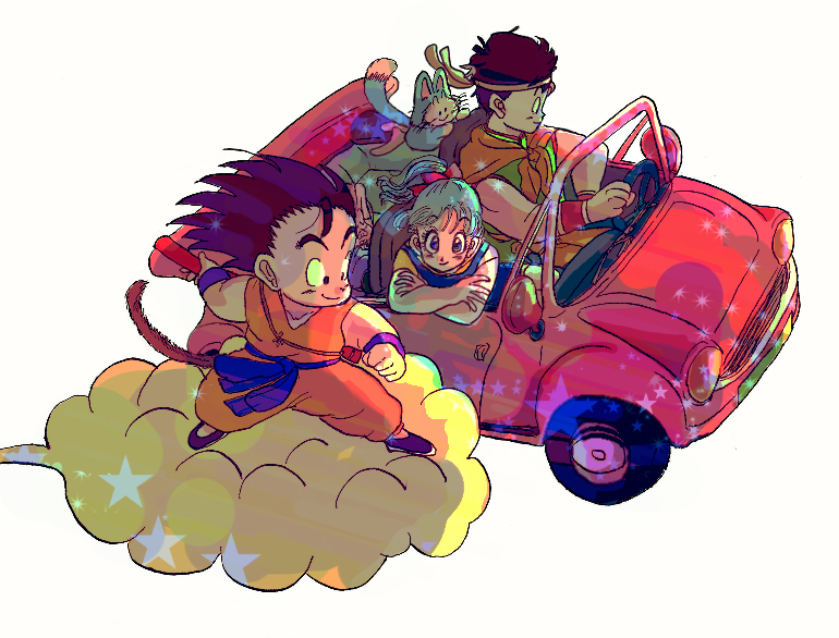 1girl 2boys animal bandanna black_eyes black_hair blue_eyes blue_hair bulma car cat crossed_arms dougi dragon_ball driving flying_nimbus ground_vehicle happy looking_at_another looking_away motor_vehicle multiple_boys nyoibo puar short_hair simple_background smile son_gokuu tail white_background wristband yamcha