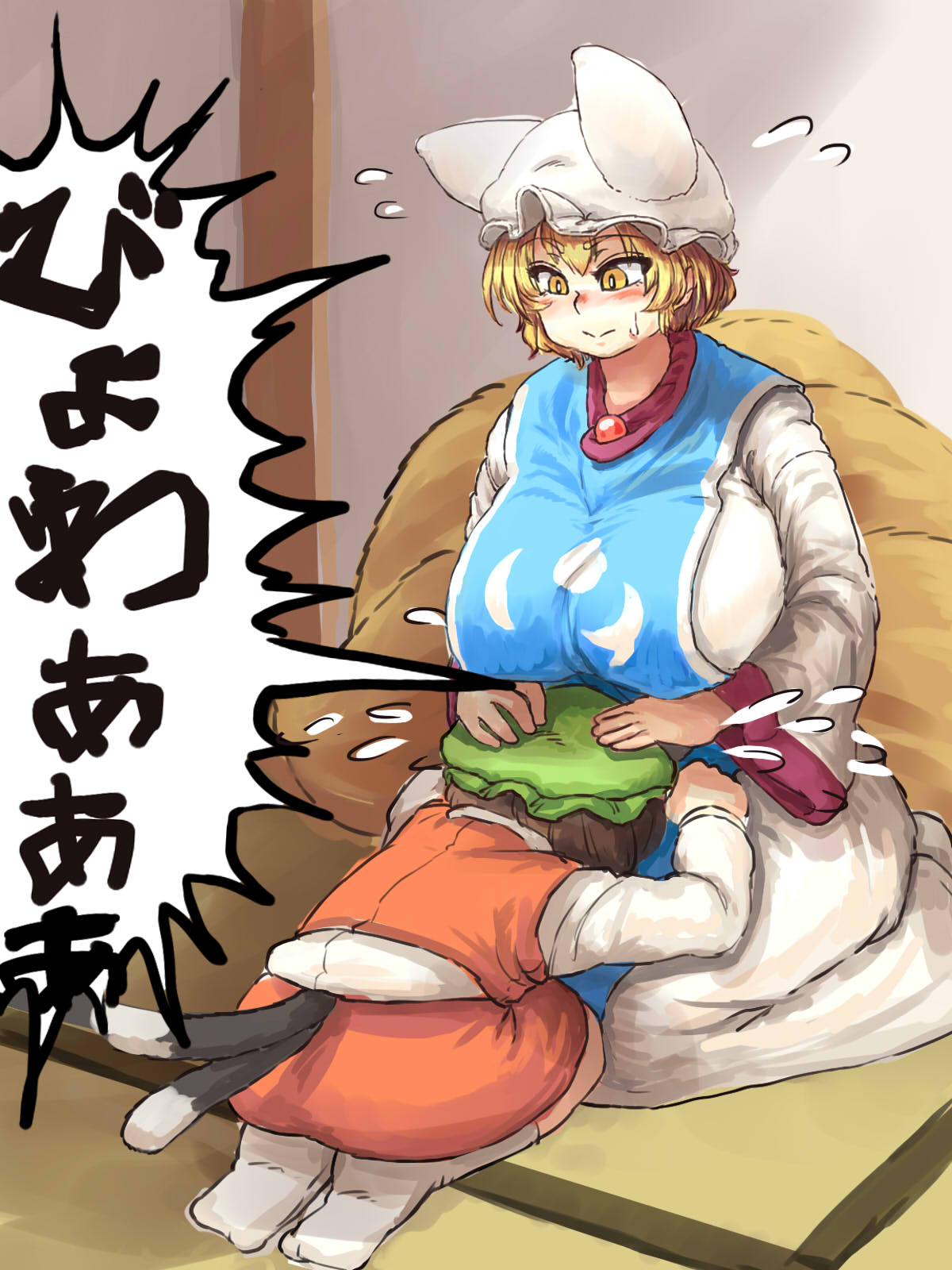 2girls adapted_costume animal_ears blonde_hair blush breasts cat_tail chanta_(ayatakaoisii) chen fox_ears fox_tail hat highres huge_breasts lap_pillow multiple_girls multiple_tails pillow_hat short_hair sitting sweat tail touhou translation_request yakumo_ran yellow_eyes