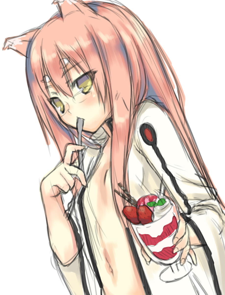 1girl animal_ears bangs blazblue blush breasts cat_ears coat cocktail_glass cup drinking_glass eyebrows eyebrows_visible_through_hair facial_mark facing_away fingernails food forehead_mark fruit glasses hair_between_eyes hair_down highres himegi_you holding holding_glass holding_spoon kokonoe labcoat leaf long_hair long_sleeves looking_at_viewer midriff naked_coat navel open_clothes open_coat parfait pince-nez pink_hair simple_background sketch small_breasts solo spoon spoon_in_mouth stomach straight_hair strawberry tsurime white_background white_coat wide_sleeves yellow_eyes