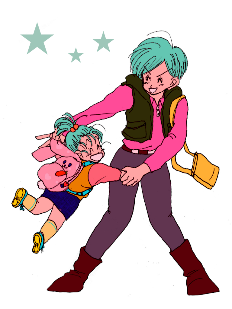 2girls backpack bag belt blue_hair blue_skirt boots bra_(dragon_ball) bulma bunny_backpack carrying closed_eyes dragon_ball dragonball_z eyebrows_visible_through_hair happy long_sleeves mother_and_daughter multiple_girls open_mouth pink_shirt shirt shoes short_hair simple_background skirt smile socks star tied_hair waistcoat white_background
