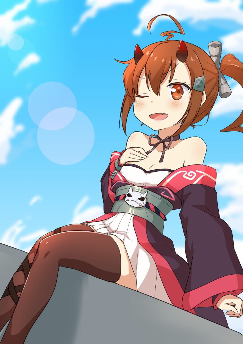 ahoge alternate_hairstyle azur_lane black_legwear blush breasts brown_eyes brown_hair collarbone cosplay fang hair_ornament hairclip highres horns ikazuchi_(azur_lane) ikazuchi_(kantai_collection) kantai_collection looking_at_viewer miyabeeya nontraditional_miko one_eye_closed open_mouth ponytail sitting sky small_breasts thigh-highs