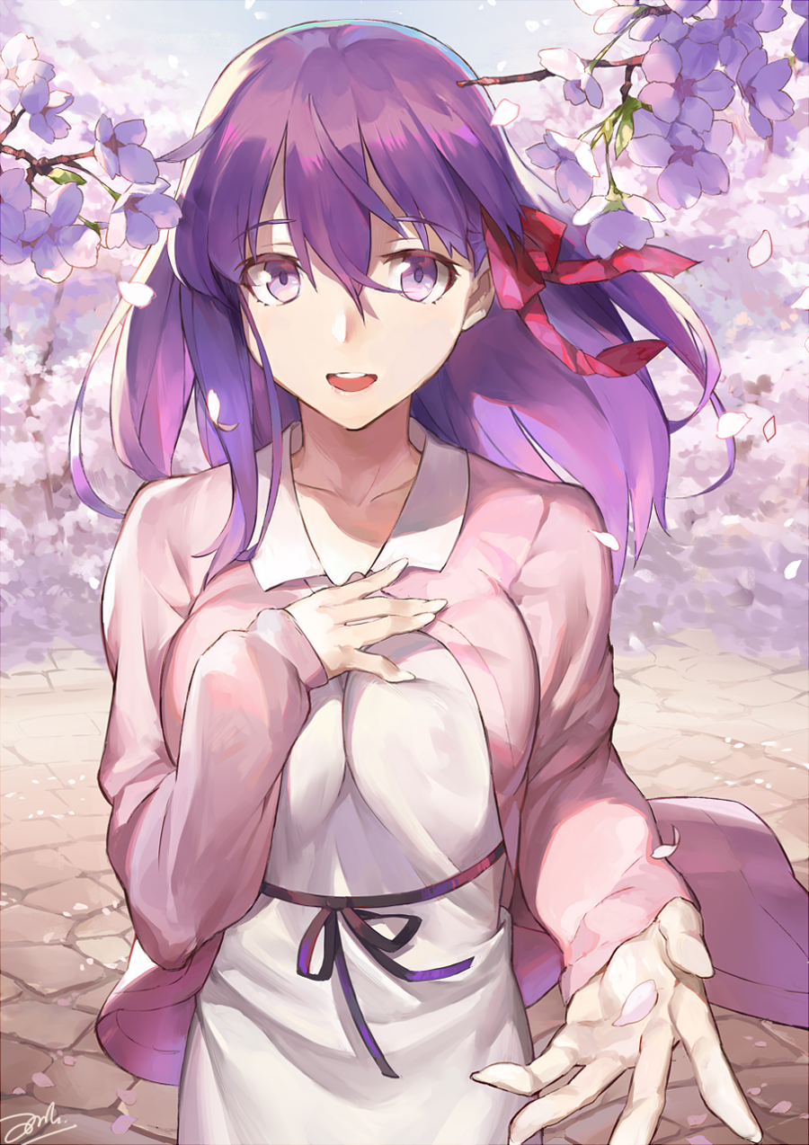 1girl :d artist_name bangs bianyuanqishi breasts cardigan day dress eyebrows_visible_through_hair fate/stay_night fate_(series) hair_between_eyes highres large_breasts long_hair looking_at_viewer matou_sakura open_cardigan open_clothes open_mouth outdoors outstretched_hand petals purple_flower purple_hair purple_ribbon ribbon signature smile solo teeth upper_body violet_eyes white_dress wind