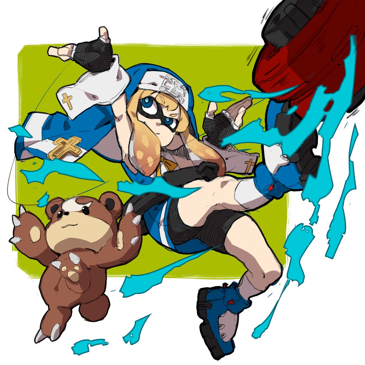 1boy bear bike_shorts blonde_hair blue_eyes bridget_(guilty_gear) bridget_(guilty_gear)_(cosplay) company_connection cosplay crossover fingerless_gloves full_body gloves guilty_gear habit highres makai nintendo nun solo splatoon string teddiursa tentacle_hair trap weapon yo-yo