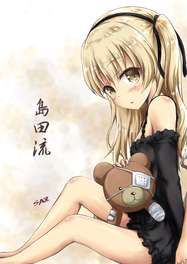 1girl artist_name bangs black_ribbon boko_(girls_und_panzer) braid cast chemise detached_sleeves eyebrows_visible_through_hair eyepatch from_side girls_und_panzer hair_ribbon holding holding_stuffed_animal light_brown_eyes light_brown_hair lingerie long_hair looking_at_viewer parted_lips ribbon saz_(sazin764) shimada_arisu side_braid signature sitting solo stuffed_animal stuffed_toy teddy_bear translated underwear