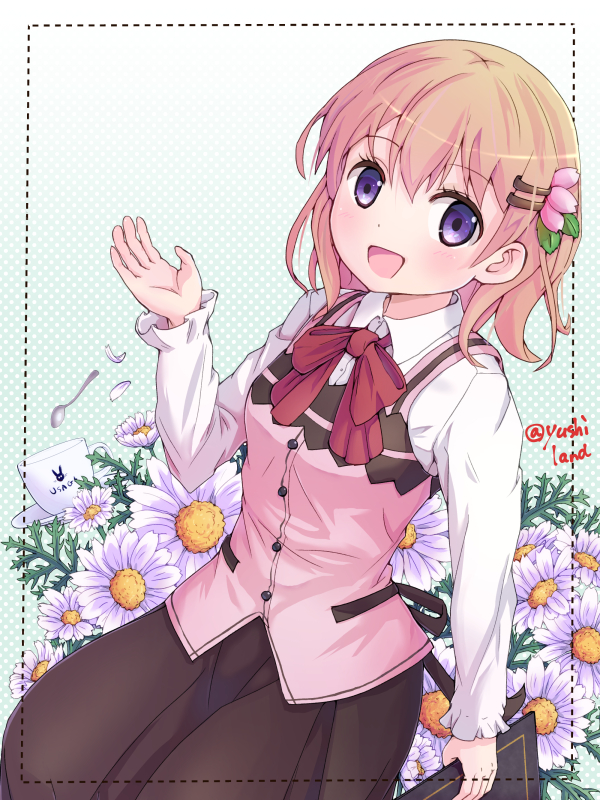 1girl :d bangs black_skirt blush bow bowtie breasts buttons collared_shirt commentary_request cup eyebrows_visible_through_hair flower gochuumon_wa_usagi_desu_ka? gradient gradient_background hair_ornament hairclip holding holding_menu hoto_cocoa long_sleeves looking_at_viewer medium_breasts menu open_mouth orange_hair petals pink_vest polka_dot polka_dot_background rabbit_house_uniform red_neckwear saucer shirt short_hair skirt smile solo spoon twitter_username white_shirt wing_collar yusshii