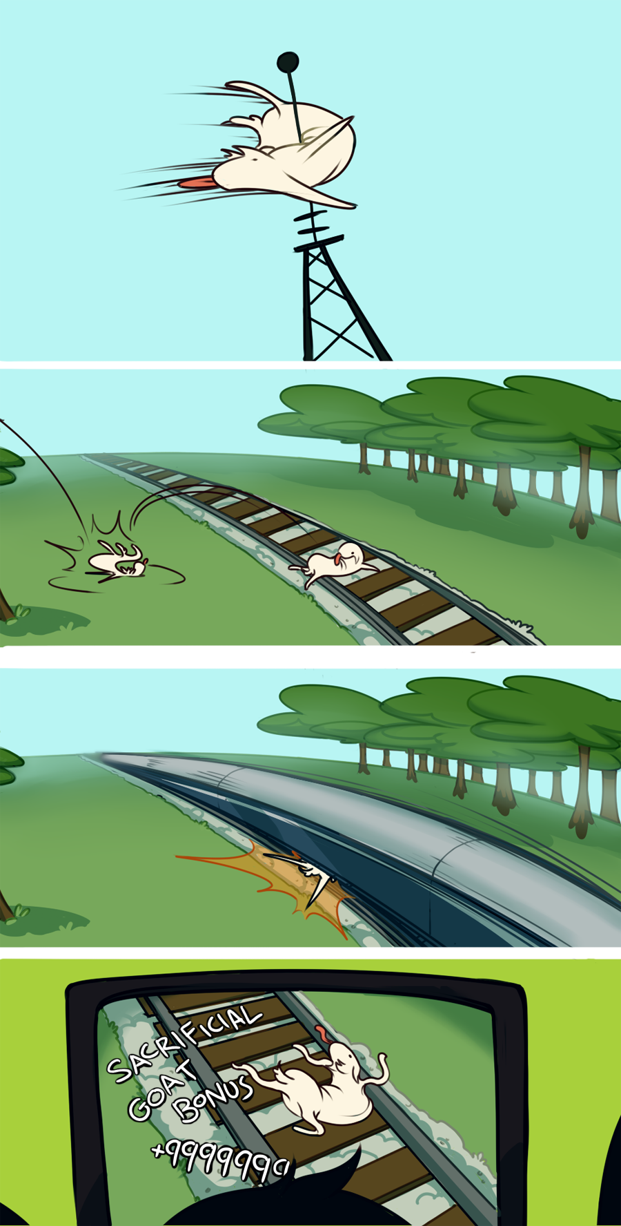 1boy anadapta asriel_dreemurr comic computer gameplay_mechanics goat goat_simulator ground_vehicle highres jumping laptop monster_boy radio_tower railroad_tracks run_over spoilers train tree undertale what_if