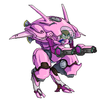 &gt;:3 1girl :3 bangs blue_bodysuit bodysuit brown_eyes brown_hair d.va_(gremlin) d.va_(overwatch) facepaint facial_mark full_body gloves headphones heart heart-shaped_pupils high_collar long_hair lowres mecha meka_(overwatch) overwatch pilot_suit piloting pixel_art rouge2t7 shoulder_pads skin_tight solo swept_bangs symbol-shaped_pupils transparent_background whisker_markings white_gloves