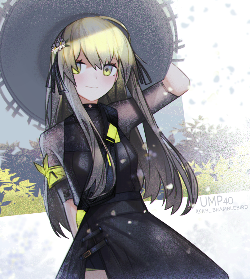 1girl adjusting_clothes adjusting_hat alternate_costume armband arms_behind_back character_name commentary_request flower girls_frontline hair_flower hair_ornament hand_behind_head hand_on_headwear hat kky long_hair looking_at_viewer smile solo twitter_username ump40_(girls_frontline) yellow_eyes