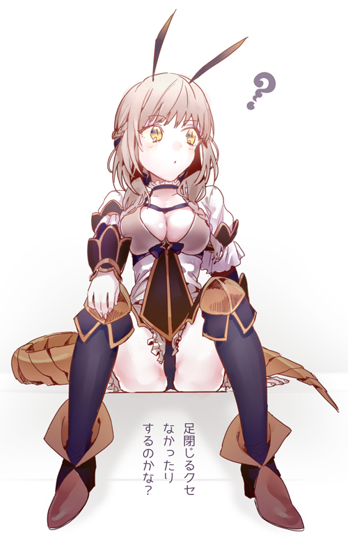 1girl ? bangs black_footwear breasts brown_hair cleavage dmsk dragon_tail full_body genderswap genderswap_(mtf) hand_on_own_knee horns la_pucelle_(mahoiku) large_breasts long_hair magical_girl mahou_shoujo_ikusei_keikaku sitting solo tail translation_request yellow_eyes