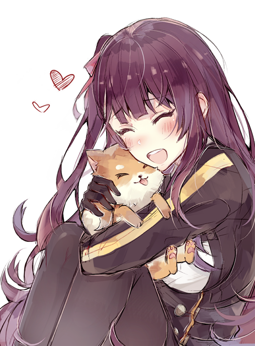 1girl :d ^_^ black_gloves black_legwear blush breasts closed_eyes dog eyebrows_visible_through_hair from_side girls_frontline gloves heart hug kvlen large_breasts long_hair one_side_up open_mouth pantyhose purple_hair sitting sketch smile solo tongue tongue_out very_long_hair wa2000_(girls_frontline) white_background