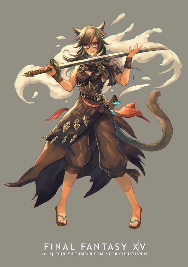 1girl animal_ears brown_hair cat_ears cat_tail chromatic_aberration dated earrings facial_mark final_fantasy final_fantasy_xiv full_body grey_background jewelry katana long_hair looking_at_viewer miqo'te parted_lips preyanan_suwanpramote red_eyes samurai_(final_fantasy) simple_background slit_pupils smile solo standing sword tail watermark weapon web_address