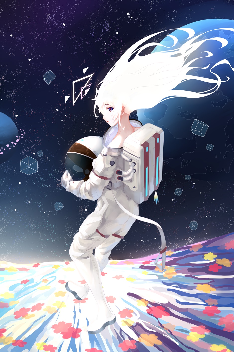 .l.l 1girl astronaut cube floating_hair from_behind full_body headwear_removed helmet helmet_removed highres holding holding_helmet original planet scenery sky solo space spacesuit star_(sky) starry_sky violet_eyes white_hair