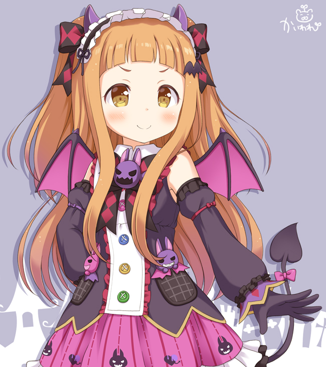 1girl argyle_bow bangs black_gloves black_shirt blush bow brown_eyes brown_hair buttons closed_mouth collared_shirt commentary_request demon_horns demon_tail demon_wings detached_sleeves diamond_(shape) frilled_hairband frilled_skirt frills gloves hair_bow hand_on_hip horns ichihara_nina idolmaster idolmaster_cinderella_girls idolmaster_cinderella_girls_starlight_stage kaiware-san long_hair looking_at_viewer outstretched_arm pink_bow pink_skirt pleated_skirt pocket purple_background shirt signature skirt sleeveless sleeveless_shirt smile solo tail tail_bow two_side_up very_long_hair wings