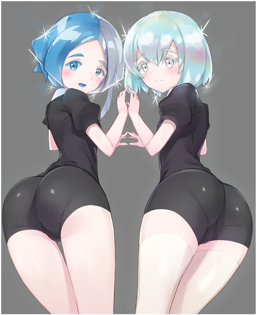 androgynous ass black_shorts blue_eyes blush closed_mouth commentary_request cowboy_shot debutya_aki diamond_(houseki_no_kuni) euclase_(houseki_no_kuni) eyebrows_visible_through_hair fingers_together from_behind grey_background grey_eyes heterochromia houseki_no_kuni legs_together looking_at_viewer looking_back multicolored_hair rainbow_hair shiny shiny_hair short_hair short_sleeves shorts silver_hair simple_background smile sparkle thigh-highs thigh_gap two-tone_hair uniform white_legwear