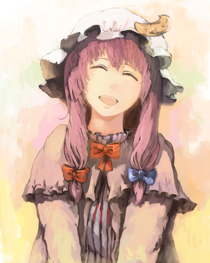 ^_^ bad_id bow bust closed_eyes crescent face hat open_mouth patchouli_knowledge ribbon shoutarou_(pixiv) smile solo touhou