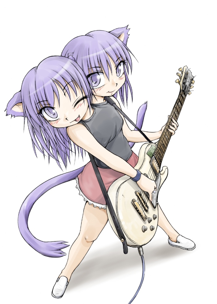 animal_ears cat_ears cat_tail conjoined guitar instrument original purple_eyes purple_hair skirt tail violet_eyes wink