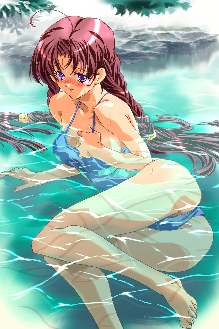 breasts cleavage eiken feet highres one-piece_swimsuit purple_eyes red_hair redhead shinonome_chiharu swimsuit twintails violet_eyes water