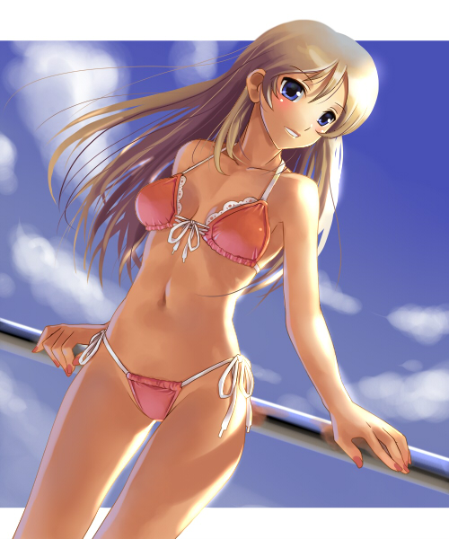 blonde_hair blue_eyes brown_hair katahira_masashi long_hair nail_polish original side-tie_bikini string_bikini swimsuit