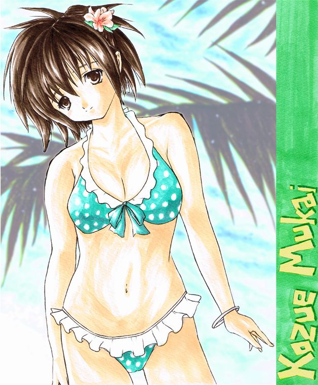 brown_eyes brown_hair flower ichigo_100 ichigo_100_percent mukai_kozue sakurami_azuki short_hair swimsuit traditional_media