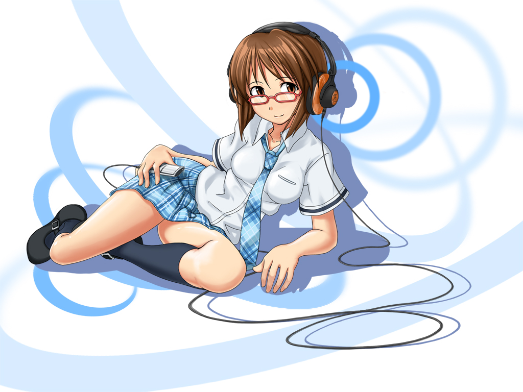 brown_hair chihaya_72 glasses hagiwara_yukiho headphones idolmaster necktie rough_time_school school_uniform short_hair solo wallpaper