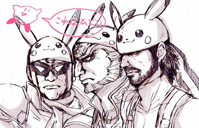 captain_falcon cosplay f-zero facial_hair ganondorf hat kirby kirby_(series) lowres metal_gear_solid monochrome multiple_boys nintendo pikachu pikachu_(cosplay) pokemon purple scarf solid_snake speech_bubble super_smash_bros. the_legend_of_zelda