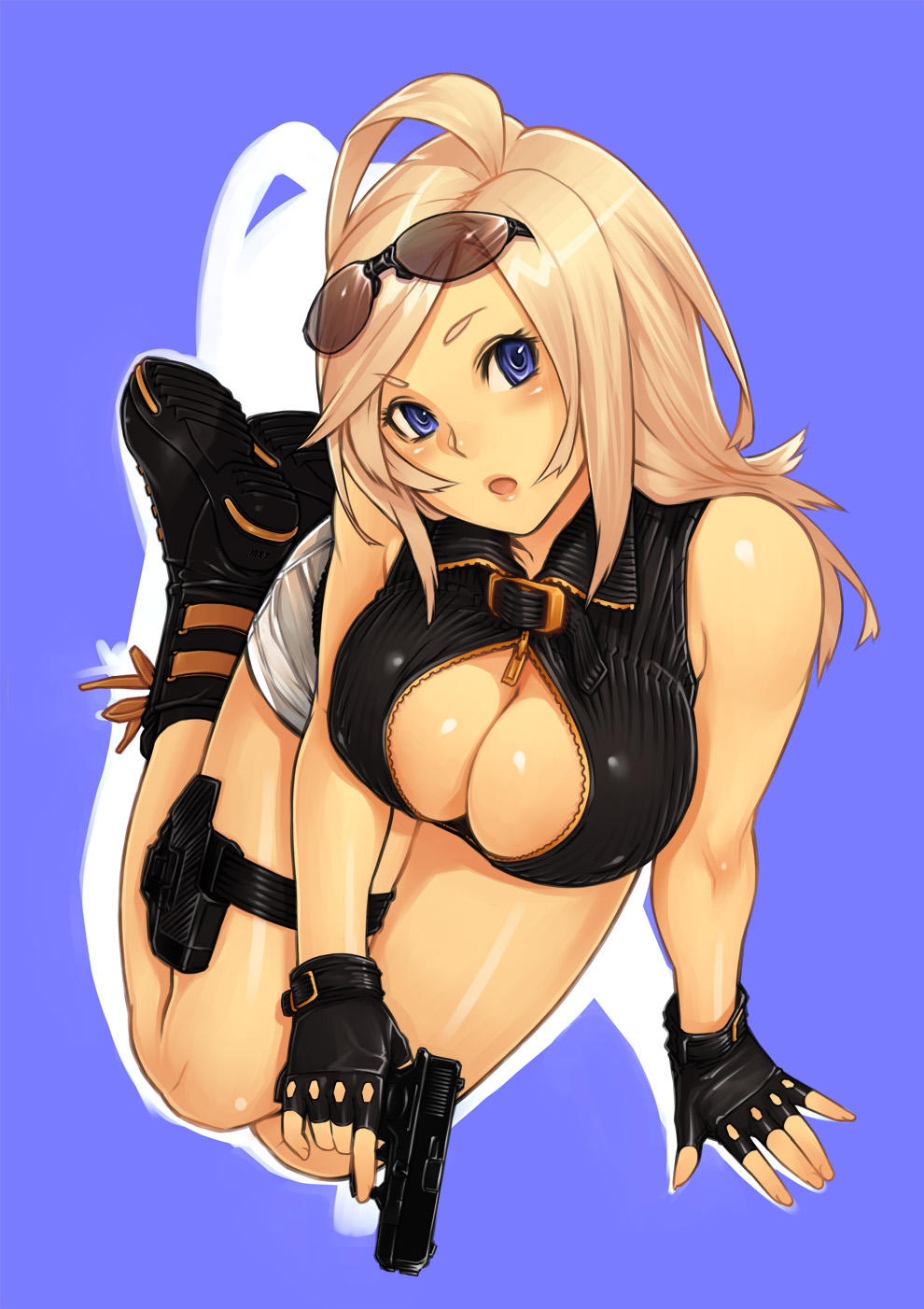 blue_eyes blush breasts cleavage cleavage_cutout fingerless_gloves glock gloves gun handgun highres holster large_breasts legs long_hair original pistol real_xxiii real_xxiii's_ahoge_girl shiny shiny_skin simple_background sunglasses thigh_holster thigh_strap trigger_discipline unzipped weapon zipper