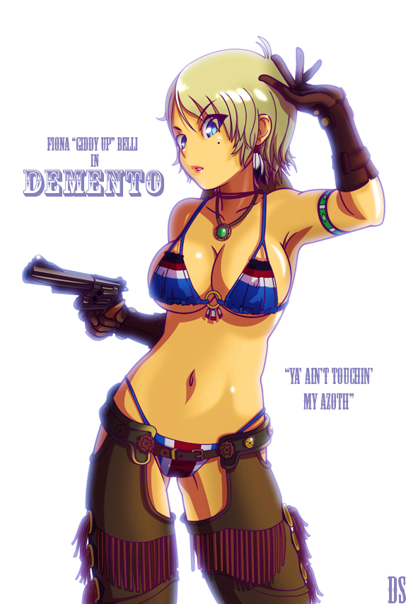 1girl alternate_costume aqua_eyes arm_up armband armpits bikini blonde_hair breasts capcom chaps cleavage cowboy_hat cowgirl demento english feather fiona_belli gloves gun handgun hat holding holding_gun holding_weapon jewelry large_breasts lipstick looking_at_viewer mole navel necklace o-ring_top parted_lips pendant revolver shiny shiny_skin short_hair simple_background single_earring string_bikini swimsuit tan weapon white_background