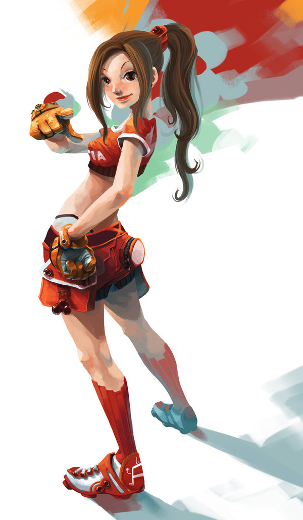 back brown_hair crop_top from_behind gloves hair_ornament hand_on_hip jewelry kneehighs lipstick long_hair looking_back midriff pointing ponytail red_eyes shadow shoes shorts smile sneakers socks solo standing zeen84