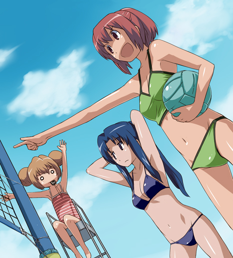 \o/ aisaka_taiga alternate_hairstyle arms_behind_head arms_up ball beach_volleyball bikini blonde_hair blue_hair breasts cleavage double_bun dutch_angle imo_works kawashima_ami kushieda_minori long_hair midriff multiple_girls navel o_o one-piece_swimsuit open_mouth outdoors outstretched_arms pointing ponytail red_hair short_hair sitting smile swimsuit toradora! volleyball whistle