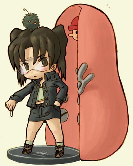 brown_eyes brown_hair chalk chibi dennou_coil glasses jacket midriff mojo satchii skirt toriny twintails