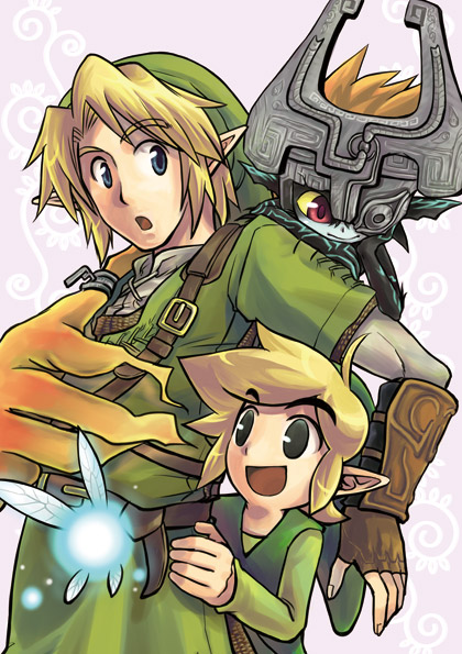 blonde_hair blue_eyes crossover fairy gloves imp link midna navi nintendo pointy_ears red_eyes smile the_legend_of_zelda time_paradox toon_link twilight_princess