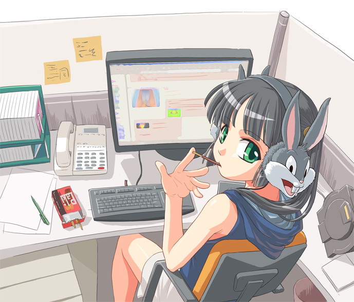 4chan black_hair bugs_bunny chair child computer computer_keyboard computer_screen corded_phone eating futaba_channel green_eyes headphones imageboard internet komica looking_back looney_tunes man_(trance) office pen phone pocky rabbit_headphones sitting solo