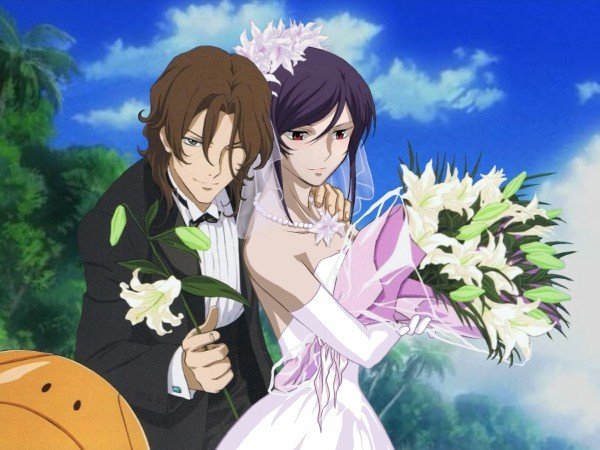 androgynous artist_request bride brown_hair crossdressing dress flower gundam gundam_00 lockon_stratos male multiple_boys purple_hair red_eyes source_request tieria_erde trap wedding wedding_dress yaoi