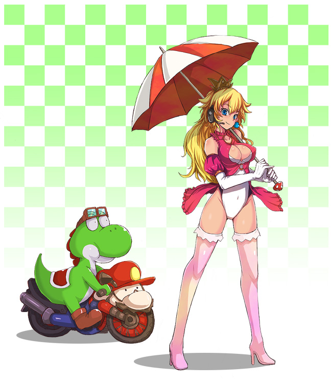 blonde_hair blue_eyes boots breasts checkered checkered_background cleavage cleavage_cutout crown earrings elbow_gloves gloves goggles headset high_heels jewelry kara_(color) large_breasts leotard long_hair mario mario_kart motor_vehicle motorcycle nintendo objectification pink_legwear princess_peach race_queen racequeen revision shadow shoes smile standing super_mario_bros. thigh-highs thigh_boots thighhighs umbrella vehicle yoshi