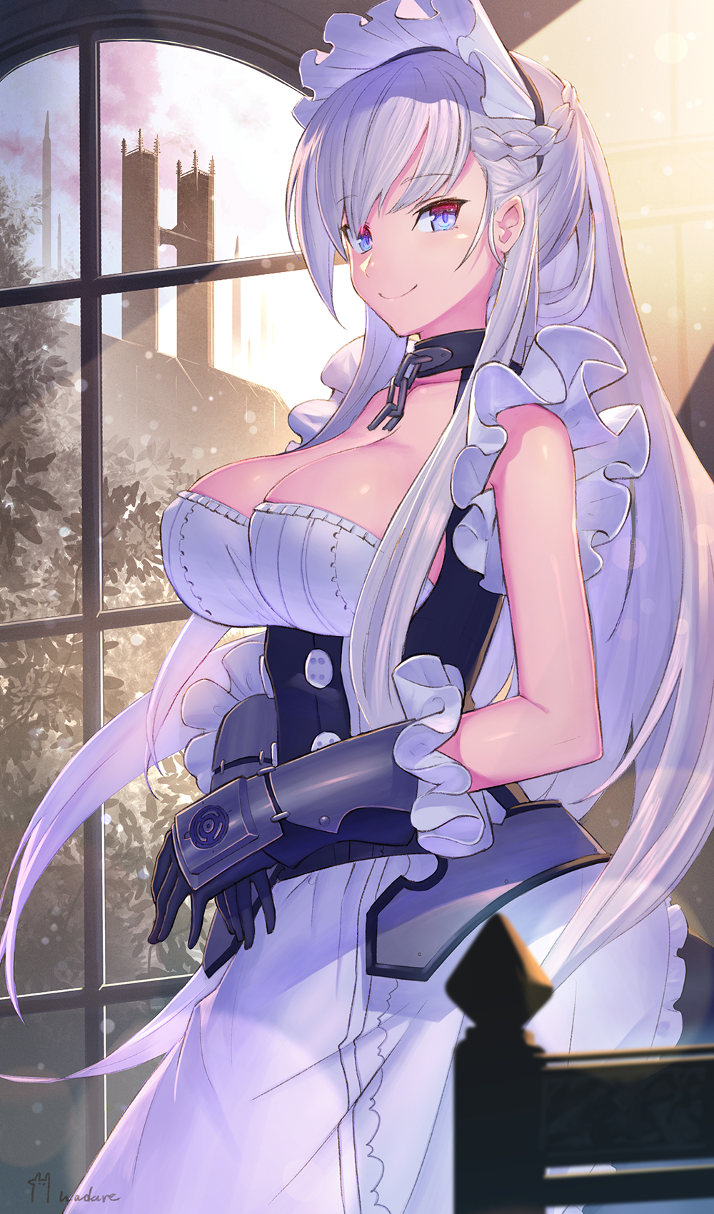 1girl artist_name azur_lane bangs belfast_(azur_lane) black_gloves blue_eyes breasts c: cleavage closed_mouth dress eyebrows_visible_through_hair frills gauntlets gloves half_updo highres indoors large_breasts light_rays long_hair looking_at_viewer maid_headdress nadare-san_(nadare3nwm) signature silver_hair smile solo sunbeam sunlight tsurime underbust very_long_hair white_dress window