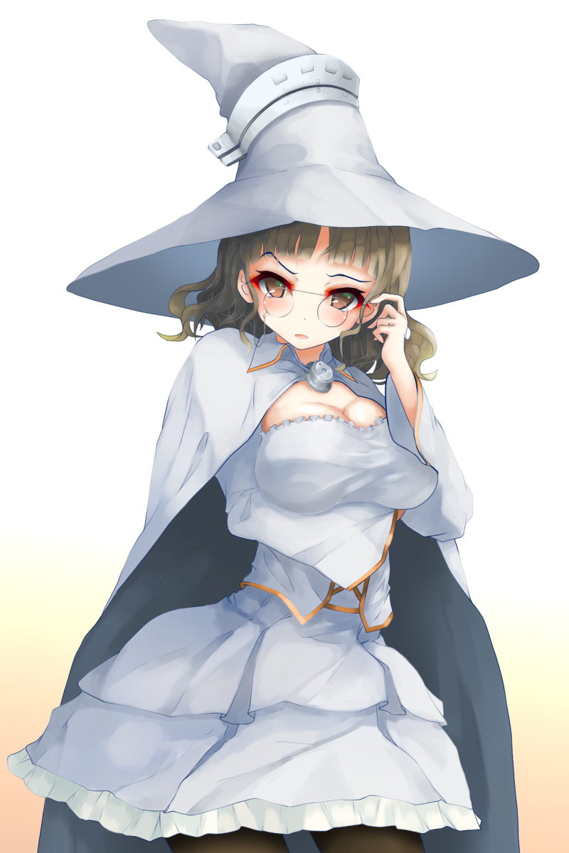 1girl alternate_color alternate_costume black_legwear blue_dress breast_hold breasts brown_eyes brown_hair cape cleavage dress glasses hat headdress highres kantai_collection large_breasts momin open_mouth pantyhose pince-nez roma_(kantai_collection) short_hair solo white_background witch_hat