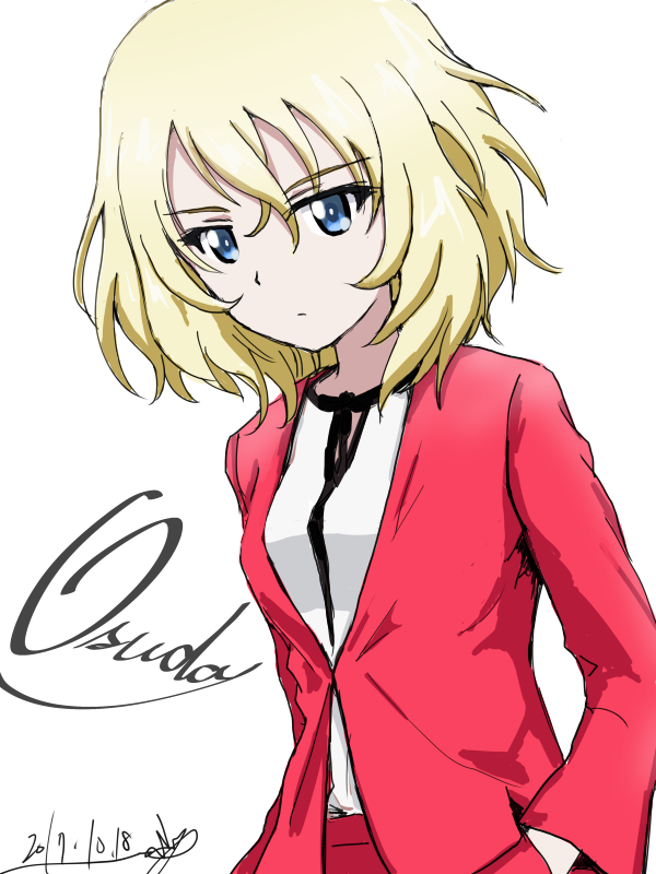 1girl artist_name bangs blonde_hair blue_eyes bukkuri casual character_name closed_mouth cursive dated eyebrows_visible_through_hair girls_und_panzer hands_in_pockets jacket long_sleeves looking_at_viewer osuda_(girls_und_panzer) pink_jacket shirt signature simple_background solo standing upper_body white_background white_shirt