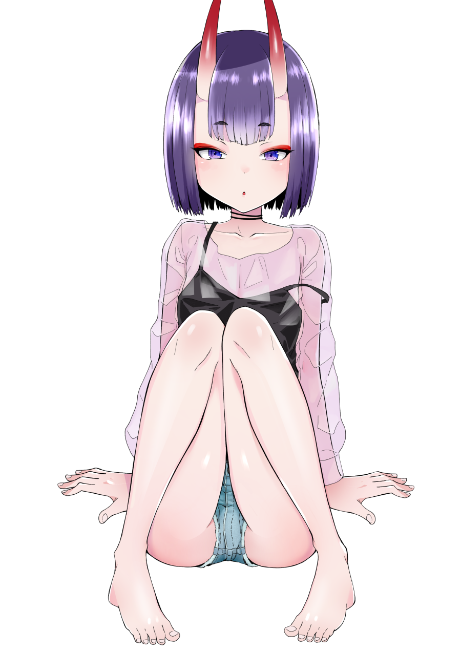 1girl :o alternate_costume bangs bare_arms bare_legs barefoot blunt_bangs blush bob_cut camisole collarbone commentary_request denim denim_shorts eyebrows_visible_through_hair eyeshadow fate/grand_order fate_(series) feet fingernails full_body half-closed_eyes highres kanimura_ebio knees_together_feet_apart knees_up long_sleeves looking_at_viewer makeup oni_horns parted_lips pink_shirt purple_hair see-through shirt short_hair short_shorts shorts shuten_douji_(fate/grand_order) simple_background solo strap_slip toenail_polish toes tsurime violet_eyes white_background