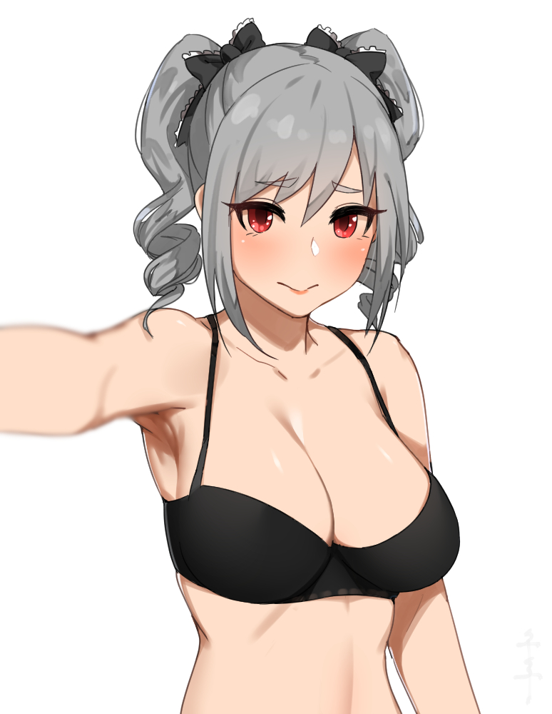 1girl 3: arm_at_side arm_up black_bra blurry blush bow bra breasts cleavage closed_mouth depth_of_field drill_hair eyebrows_visible_through_hair grey_hair hair_bow idolmaster idolmaster_cinderella_girls kanzaki_ranko large_breasts looking_at_viewer medium_hair red_eyes senju_(snz0) simple_background solo twin_drills twintails underwear upper_body white_background