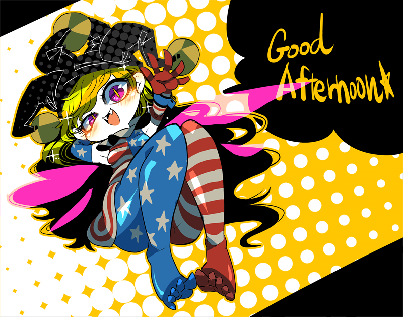 1girl american_flag_dress american_flag_gloves american_flag_legwear black_hat blonde_hair blush clownpiece commentary_request dress elbow_gloves english fangs gloves hat jester_cap knees_up looking_at_viewer neck_ruff pale_skin pantyhose pink_eyes short_dress slit_pupils smile solo star star_print striped touhou yt_(wai-tei)