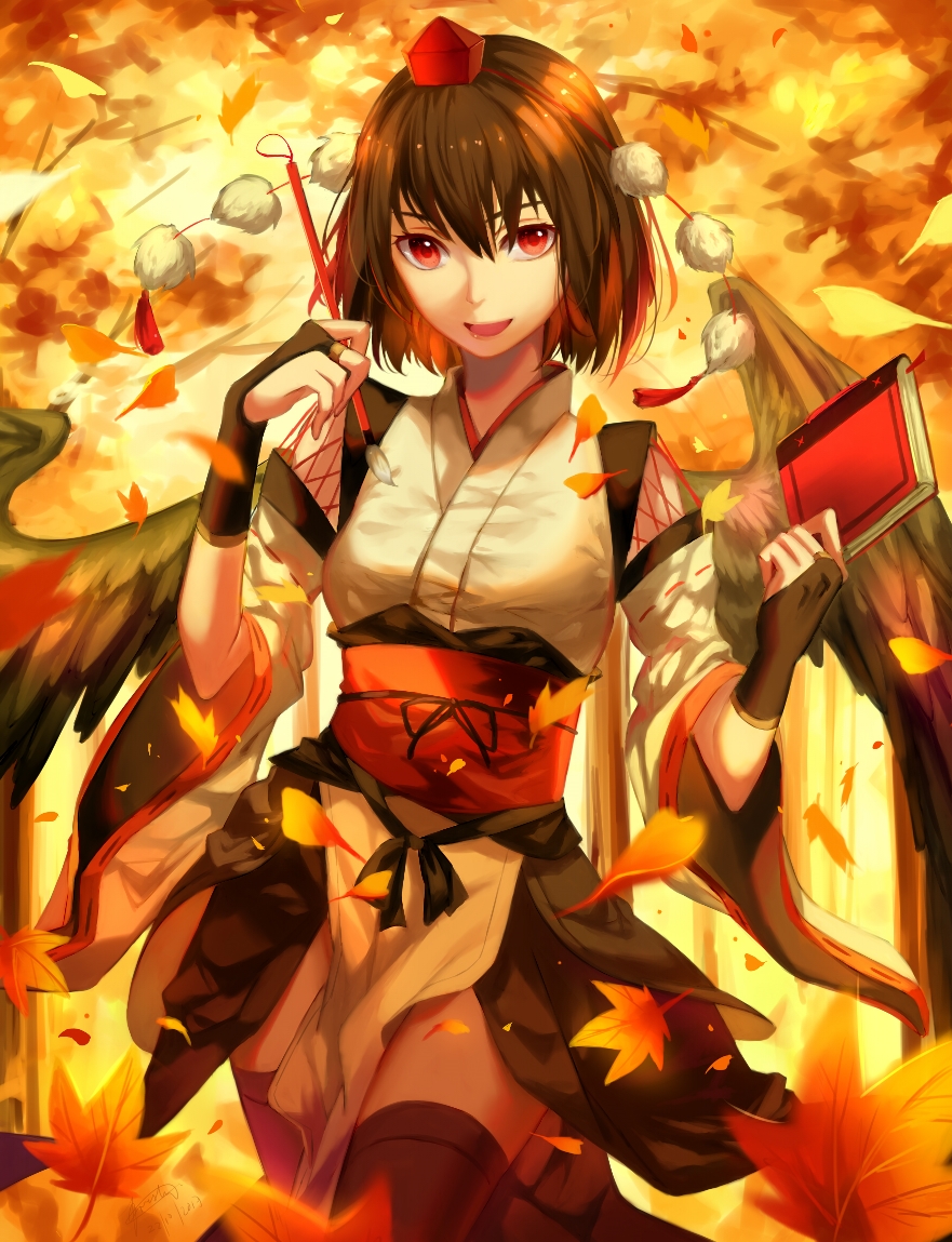 1girl autumn_leaves black_gloves black_hair black_legwear black_skirt black_wings book bridal_gauntlets calligraphy_brush commentary_request day feathered_wings gloves hat kourindou_tengu_costume looking_at_viewer miniskirt outdoors paintbrush pom_pom_(clothes) red_eyes sash shameimaru_aya skirt smile solo thigh-highs tokin_hat touhou wings ze_xia