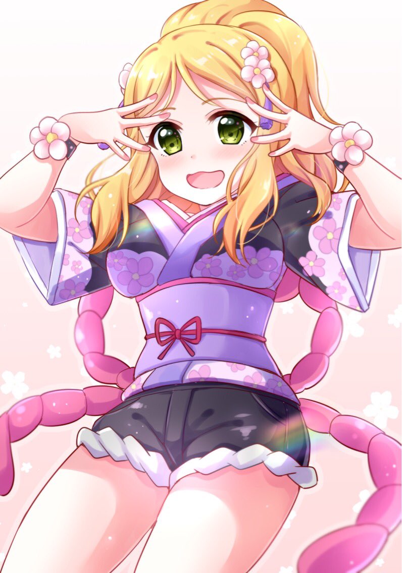 :3 :d =3 =d armband bangs blonde_hair green_eyes hair_ornament half_updo japanese_clothes kimono love_live! love_live!_sunshine!! my_mai_tonight ohara_mari open_mouth sash short_kimono smile thighs