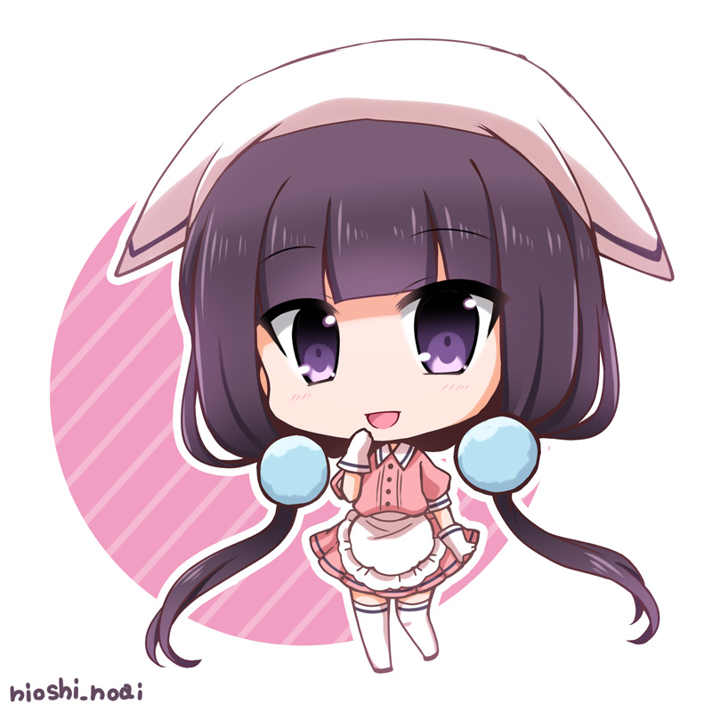 1girl :d apron artist_name bangs blend_s blunt_bangs blush chibi dress elbow_gloves eyebrows_visible_through_hair frilled_apron frills full_body gloves hair_bobbles hair_ornament hand_on_own_face head_scarf long_hair looking_at_viewer low_twintails noai_nioshi open_mouth pink_dress puffy_short_sleeves puffy_sleeves purple_hair sakuranomiya_maika short_sleeves smile solo standing striped striped_background tareme thigh-highs twintails very_long_hair violet_eyes waist_apron white_apron white_gloves zettai_ryouiki