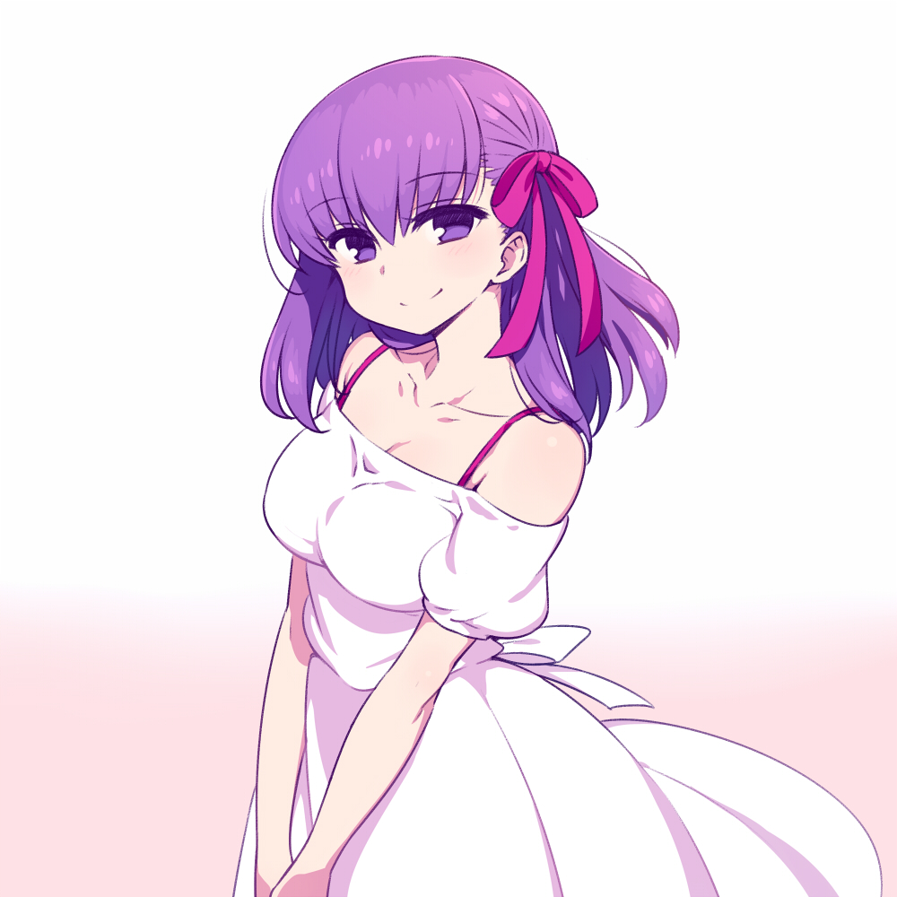 1girl bangs bare_shoulders blush bra_strap breasts chan_co cleavage closed_mouth dress eyebrows_visible_through_hair fate/stay_night fate_(series) from_side gradient gradient_background hair_between_eyes hair_ribbon long_hair looking_at_viewer matou_sakura medium_breasts pink_background puffy_short_sleeves puffy_sleeves purple_hair purple_ribbon ribbon short_sleeves smile solo standing v_arms violet_eyes white_dress