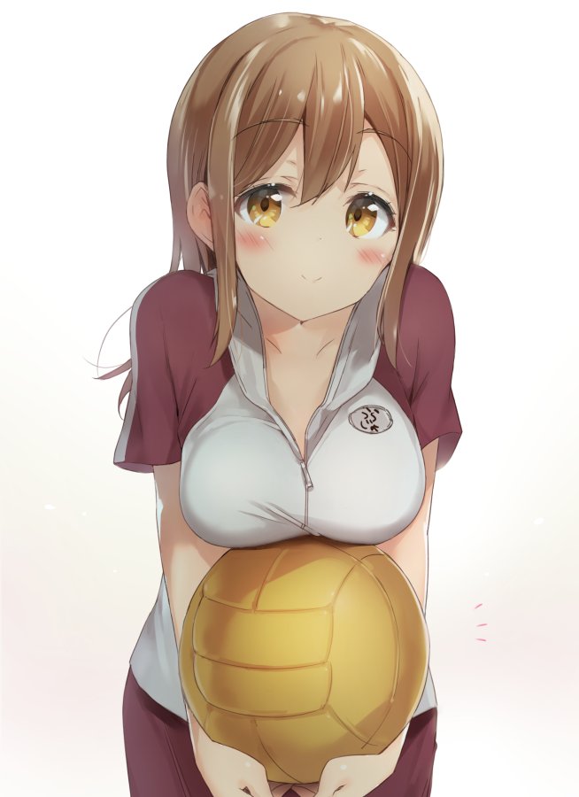 1girl ball bangs blush breasts brown_eyes brown_hair closed_mouth commentary_request eyes_visible_through_hair gym_uniform hair_between_eyes holding holding_ball kunikida_hanamaru large_breasts long_hair looking_at_viewer love_live! love_live!_sunshine!! micopp short_sleeves simple_background smile solo sportswear volleyball volleyball_uniform white_background yellow_eyes zipper